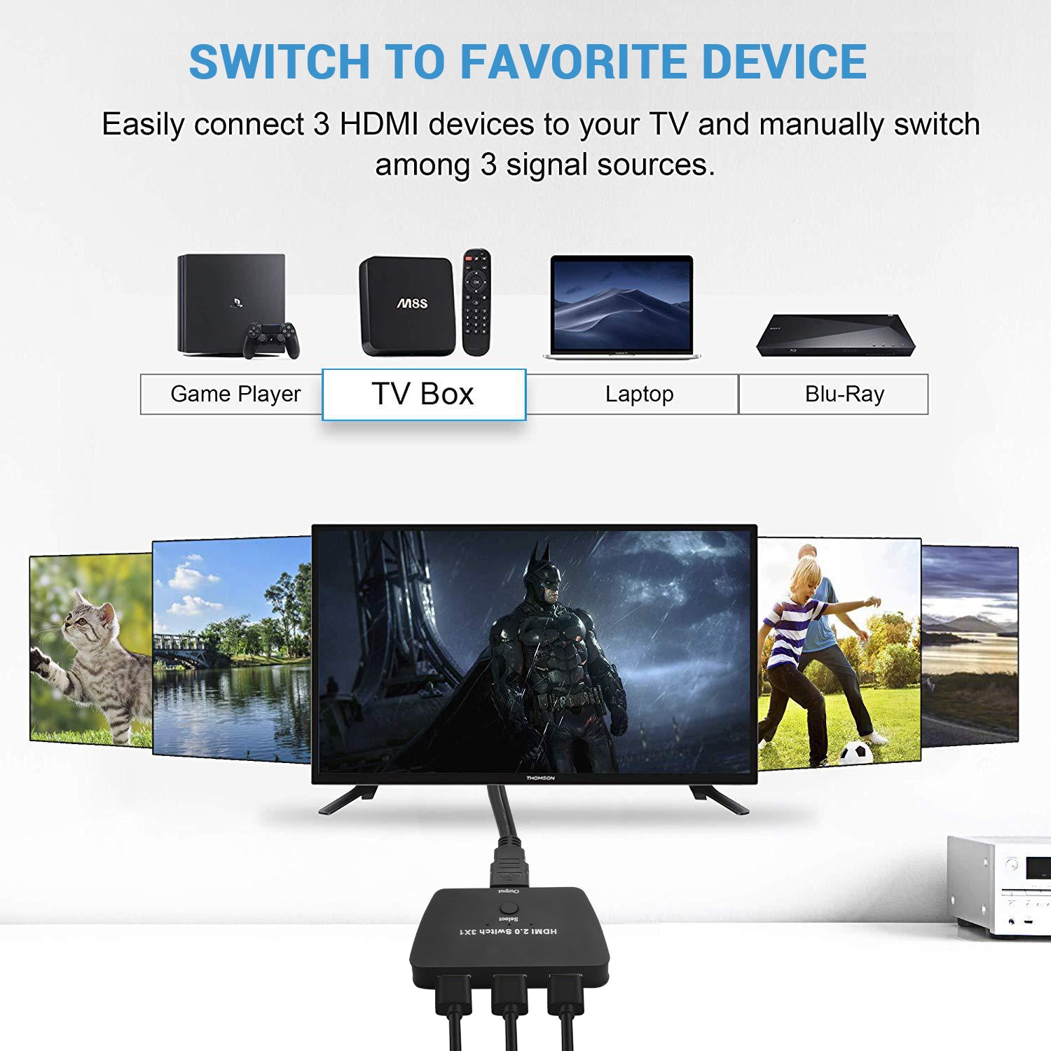 Eleboat® 4K@60Hz HDMI Switcher - 1 in 3 Eleboat® 4K@60Hz HDMI Switcher - 1 in 3